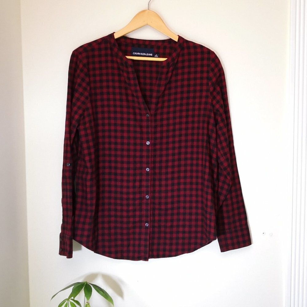NWOT Calvin Klein Jeans Red Plaid Roll Tab Blouse Size M